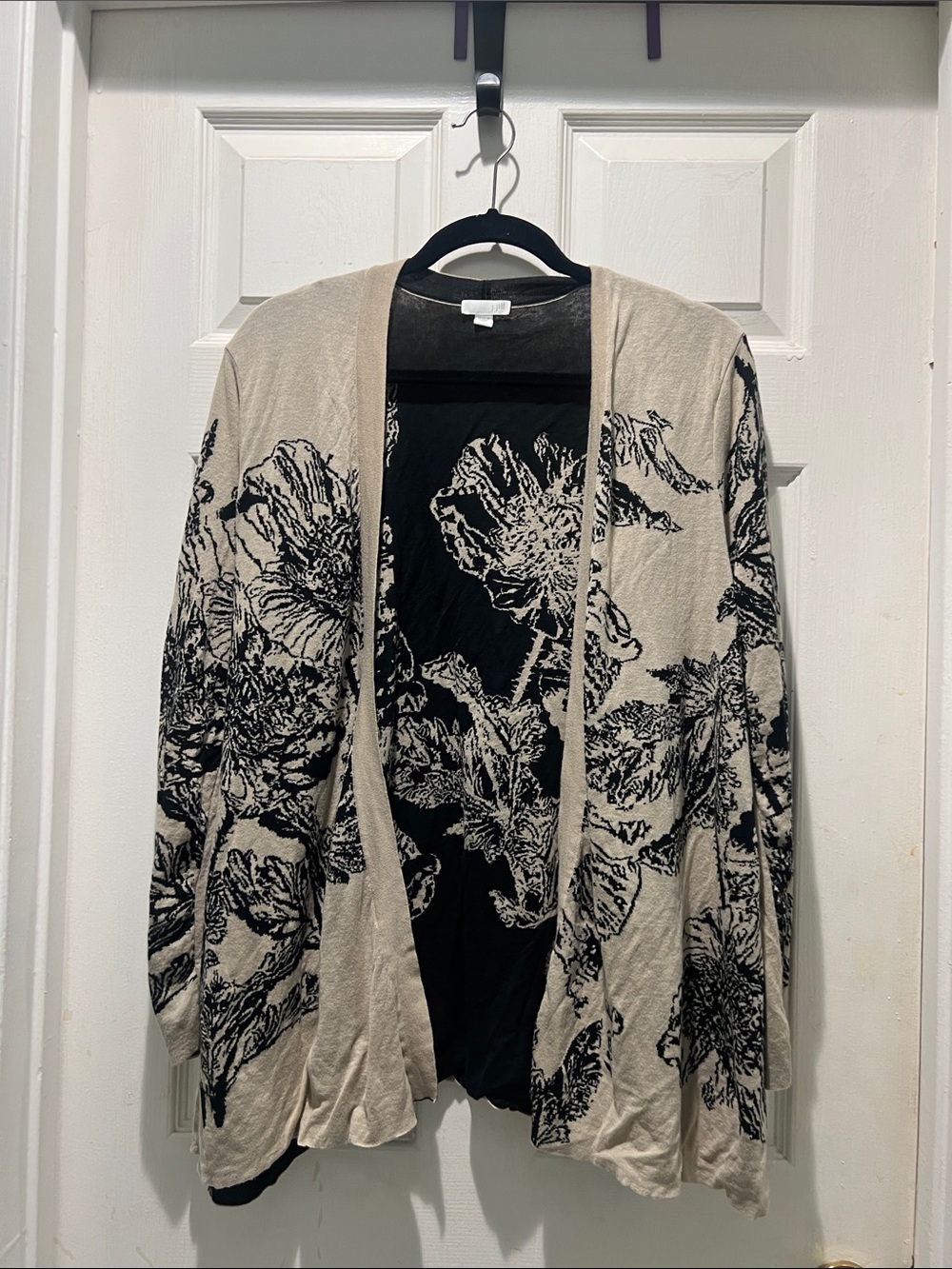 J. Jill Beige and Black Floral Open-Front Cardigan